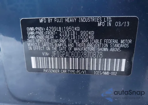 2013 Subaru Impreza 2.0I Premium из США, поврежденный, VIN JF1GPAC60D2870878